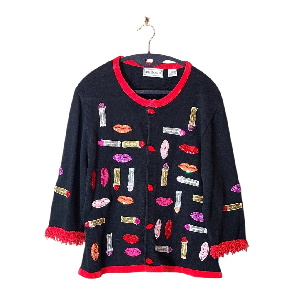 Vintage Bellepointe Cardigan Sweater Sequin Lipstick Applique Novelty Size L 90s